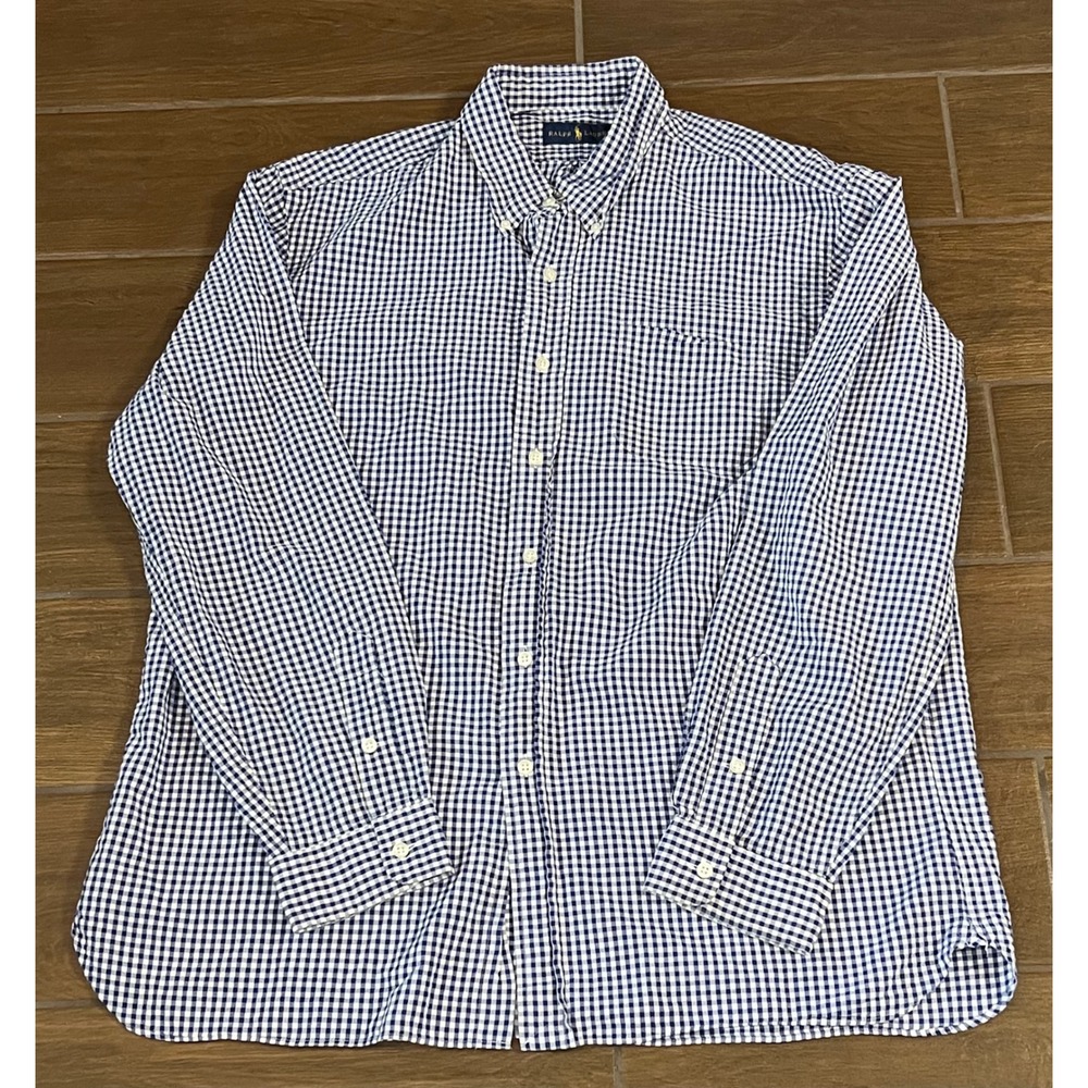 Ralph Lauren Mens XL Gingham Button Down Shirt Navy Blue White Check Cotton